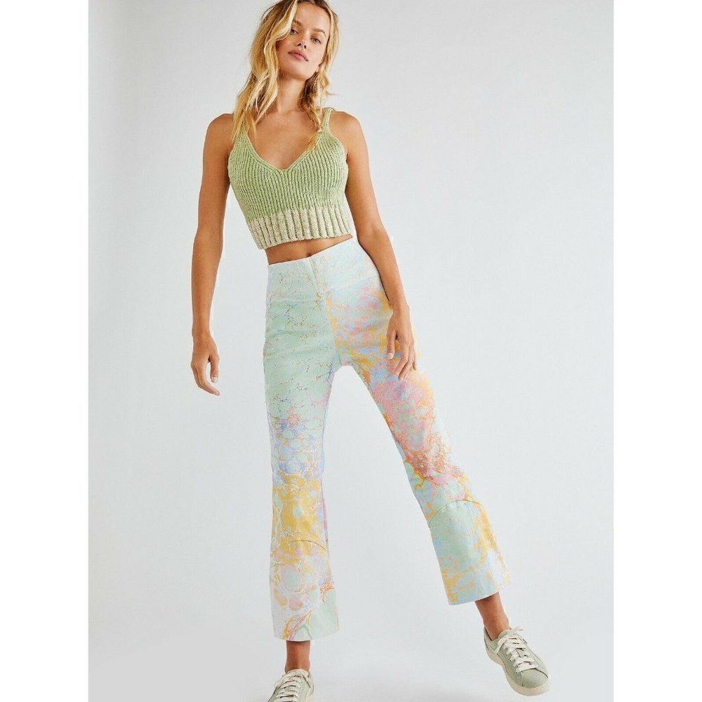NEW FREE PEOPLE Sz S LEFTY HIGH RISE PRINTED FLARE PANTS